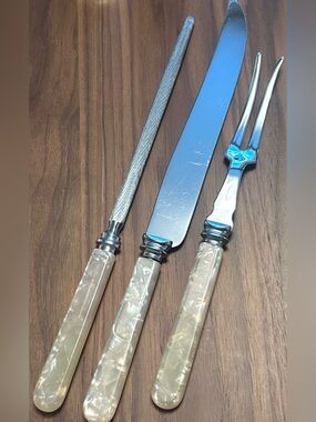 Vintage Sheffield England Carving Set Faux Pearl Handles Thanksgiving